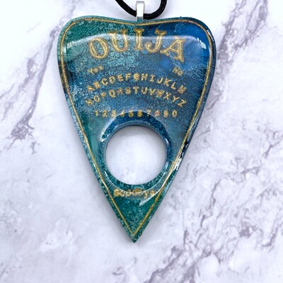 Blue Ouija Planchette Necklace. Ouija board jewelry. Fluid paint necklace. Occult necklace. Ouija pendant. Spring jewelry. - image3